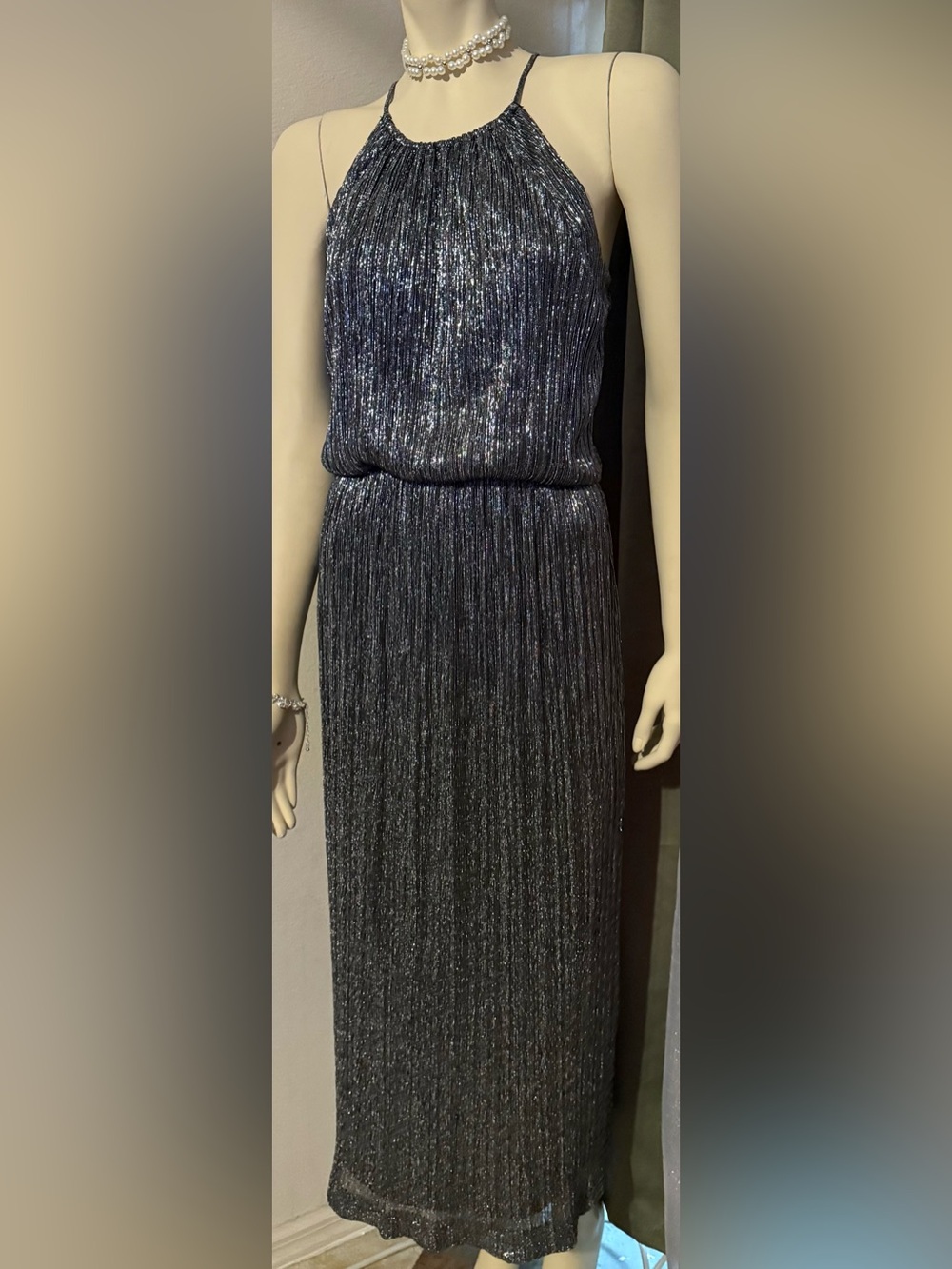 Enfocus Studio Metallic Black Pleated Long Sleeve (Sleeveless) Evening Dress